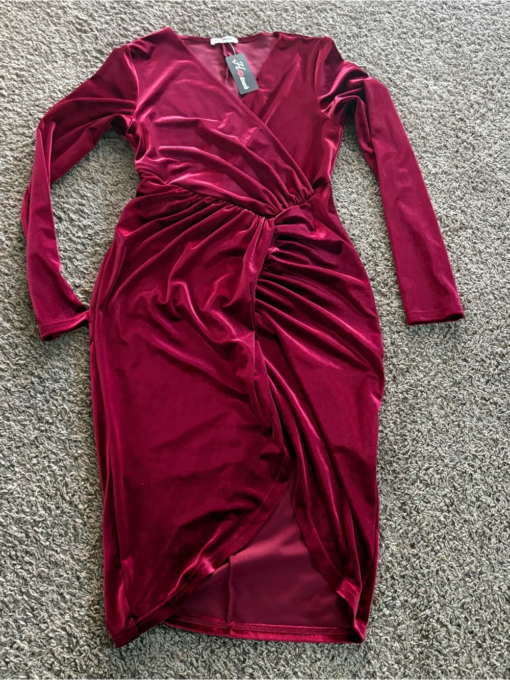 Wrap-Style Long Sleeve Velvet Dress in Burgundy